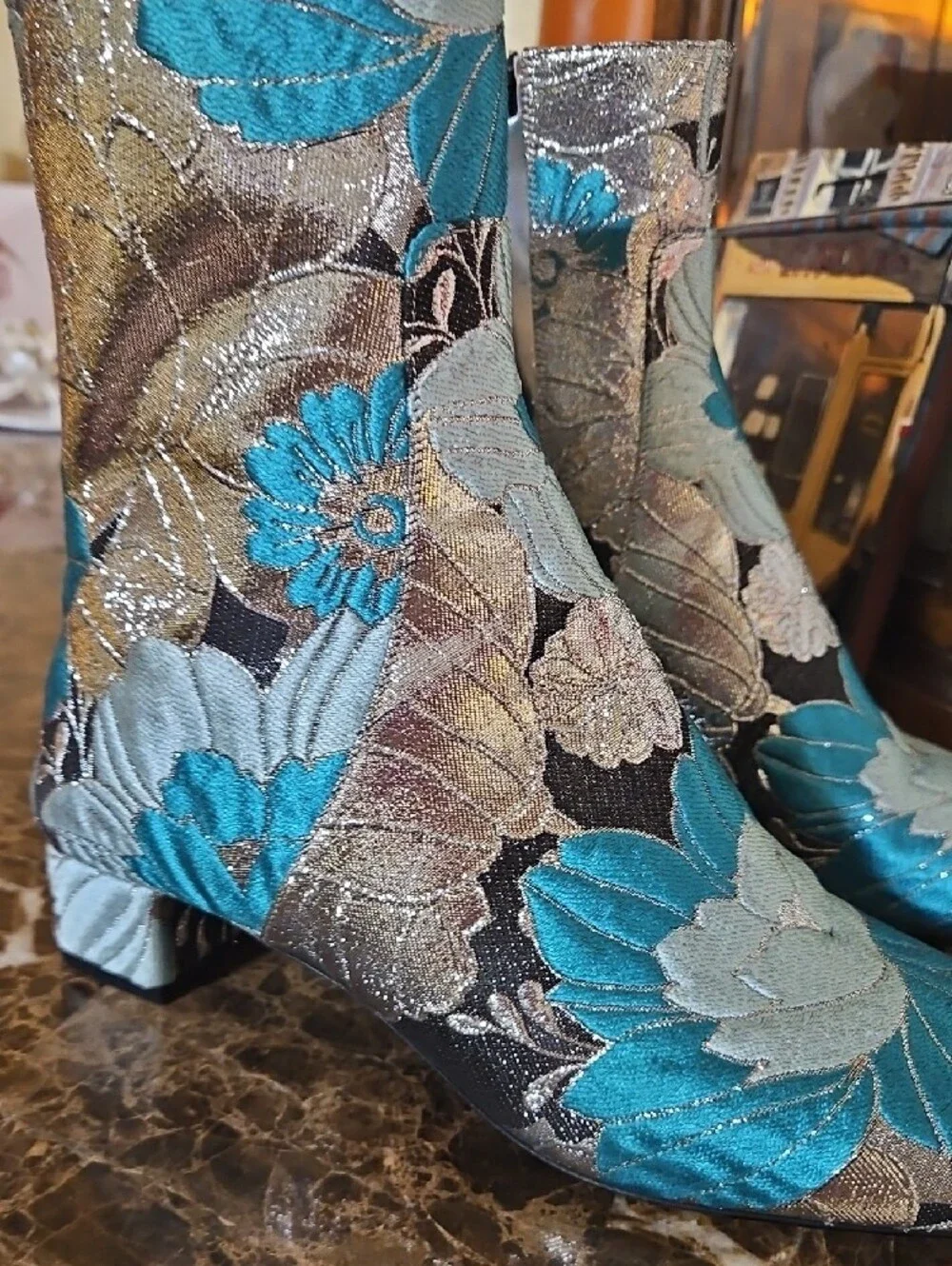 Metallic Floral Ankle Boots in Teal & Silver - Women